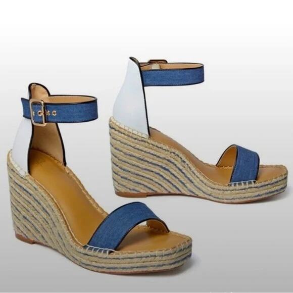 CABi Parker Espadrille Wedge Sandals 4" Heel in Blue and White Women's Size 8 - Picture 2 of 12